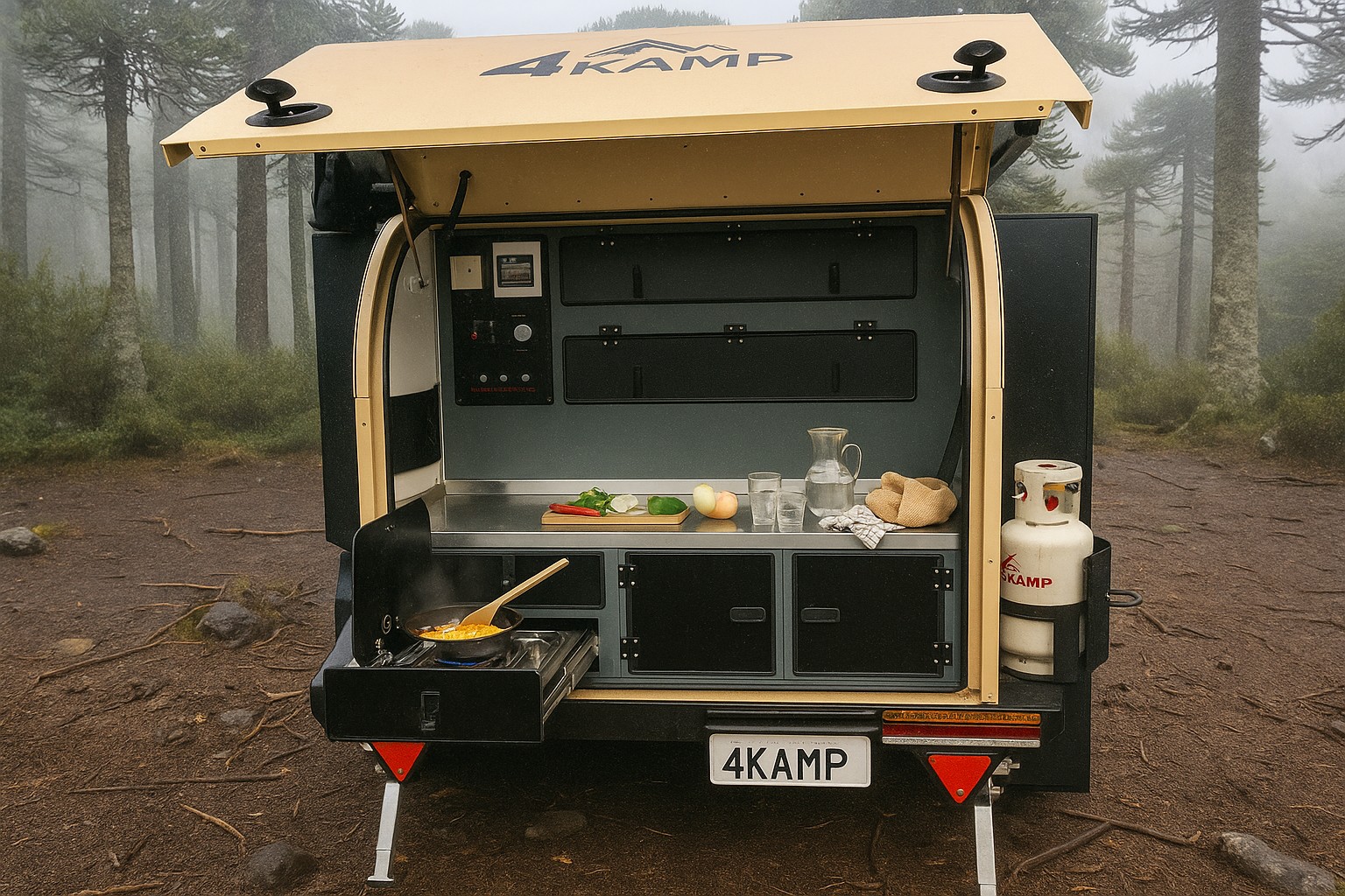 Cocina trasera operativa en bosque.