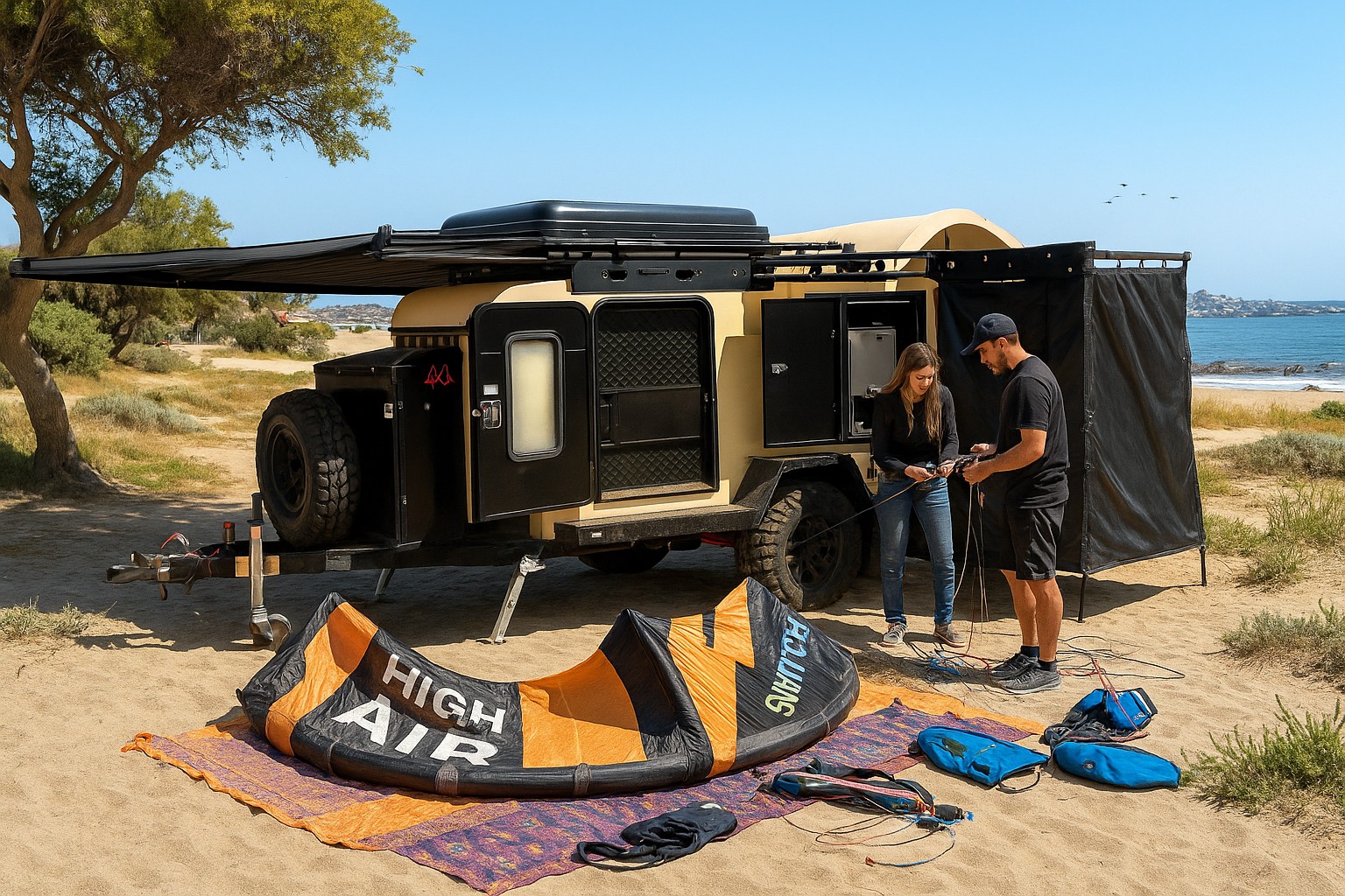 Playa: 4KAMP con toldo y equipo de kitesurf listo.